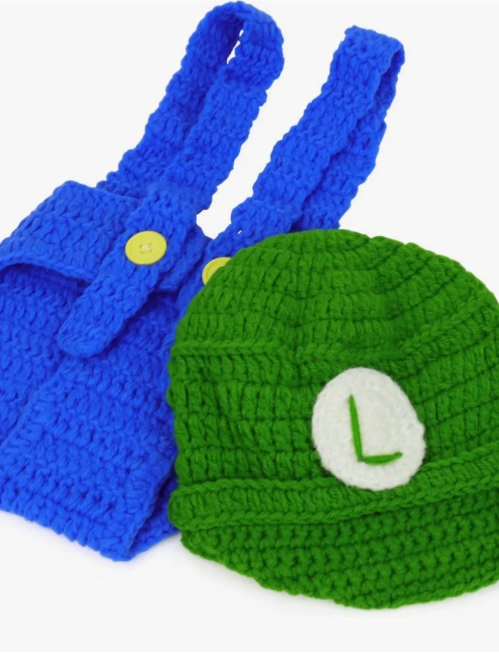 Infant Crochet Luigi Hat and Blue Overalls Set - Green & Blue